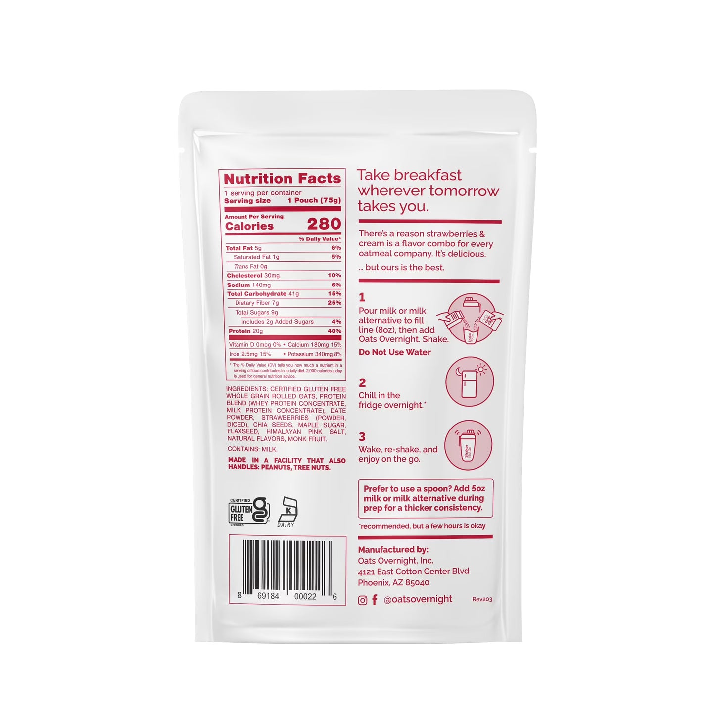 Oats Overnight Strawberries & Cream, High-Protein Oatmeal Shakes, 2.6oz, 1 pouch