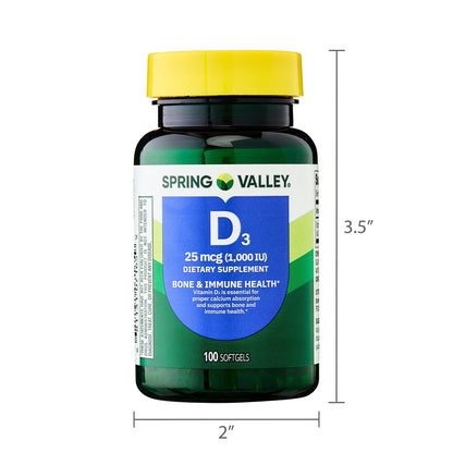 Spring Valley Vitamin D3 Softgels, 25 mcg (1000 IU), 100 Count, Supplement for Bone and Immune Health