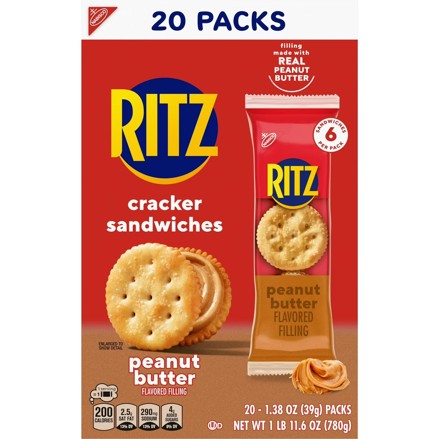 RITZ Peanut Butter Sandwich Crackers, Lunch Snacks, 20 Snack Packs (6 Crackers Per Pack)