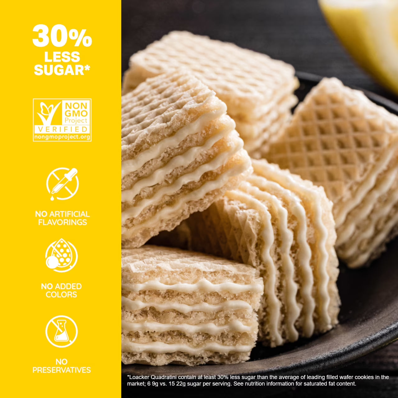 Loacker Quadratini Lemon, Non-GMO Cream-Filled Bite-Size Wafer Cookies, 8.82 oz, Pack of 6