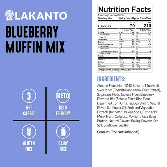 Lakanto Sugar Free Blueberry Muffin Mix - Sweetened with Monk Fruit Sweetener, Naturally Flavored, Healthy Keto Friendly, 1 Net Carb, Gluten Free, Breakfast Food, Easy to Make (12 Muffins)