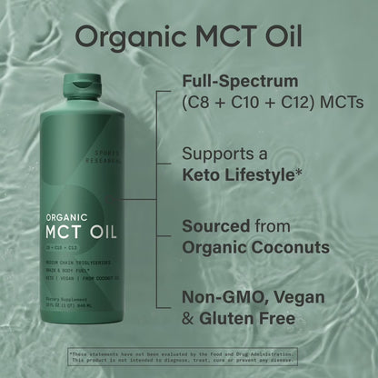 Sports Research 100% Keto MCT Oil from Organic Coconuts - Triple Ingredient C8, C10, C12 MCTs (32oz)