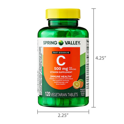 Spring Valley Vitamin C Dietary Supplement, Orange Flavor, 500 mg, 120 Count, Fast Dissolve Tablets for Immune Health