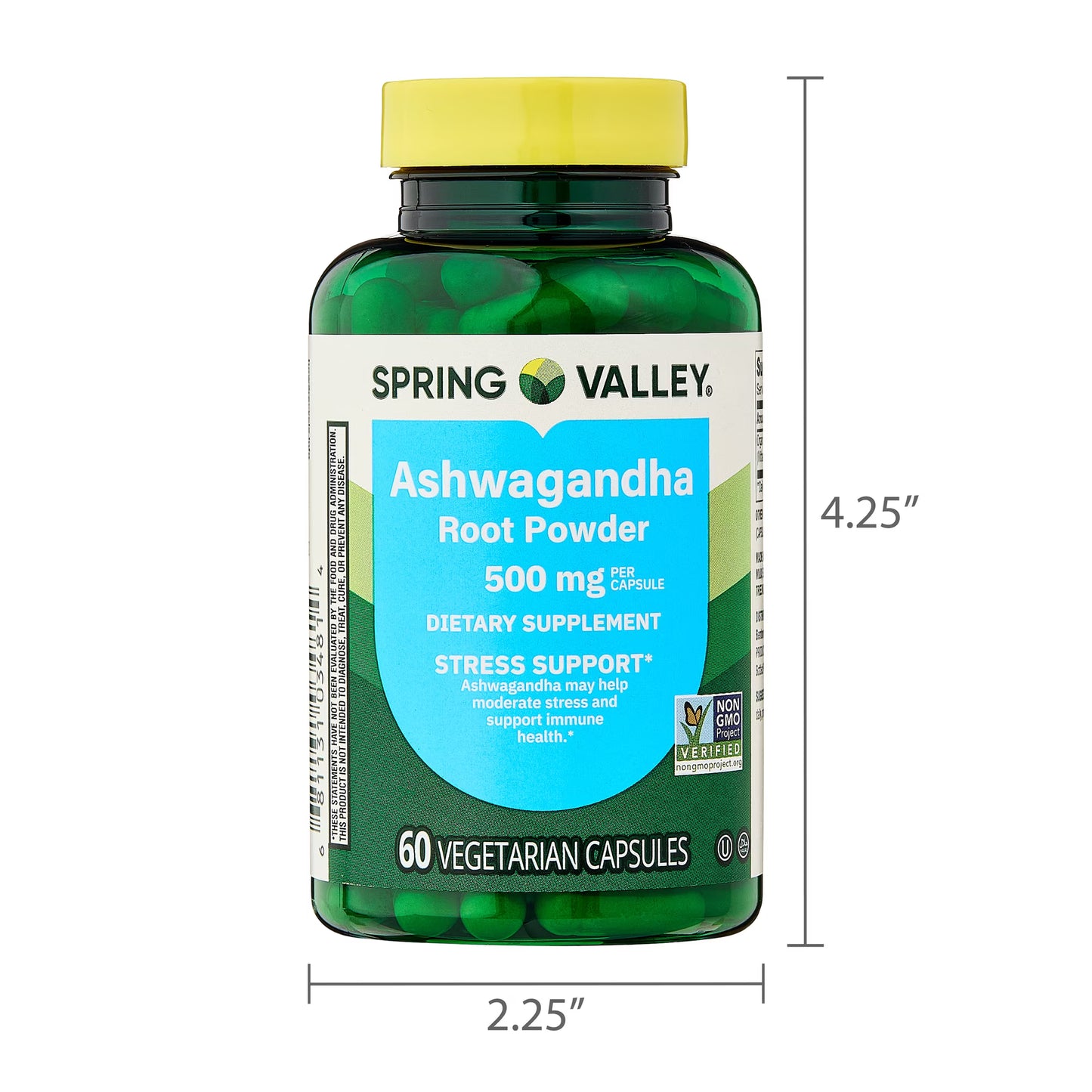 Spring Valley Ashwagandha Root Powder General Wellness Dietary Supplement Vegetarian Capsules, 500 mg, 60 Count