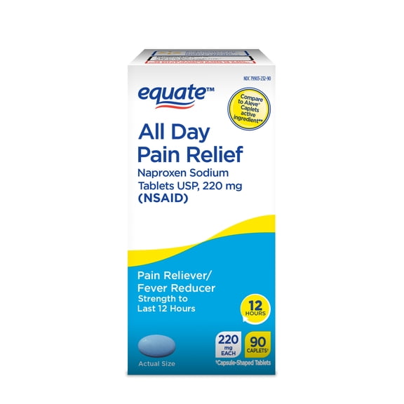 Equate All Day Pain Relief Naproxen Sodium Caplets, 220 mg, 90 Count, Compare to AleveÂ Caplets Active Ingredient