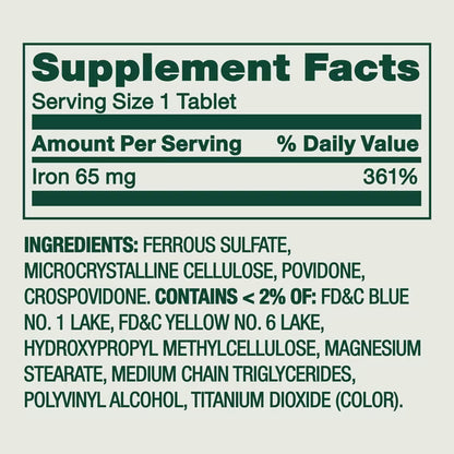 Spring Valley General Health & Wellness Iron Tablets Dietary Supplement Value Size, 65 mg, 200 Count