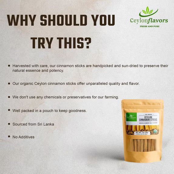 Organic Ceylon cinnamon sticks 3" (1 oz), True Cinnamon, Premium Grade, Harvested & Packed from a USDA Certified Organic