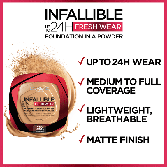 L'Oreal Paris Infallible Fresh Wear 24 Hr Powder Foundation Makeup, 020 Ivory, 1 fl oz