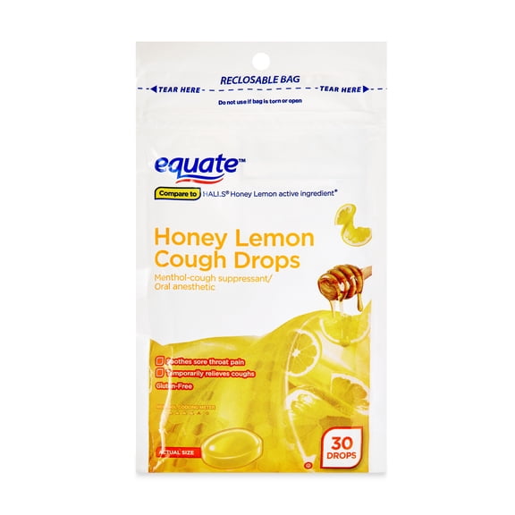 Equate Sore Throat and Cough Relief Menthol Cough Drops, Honey Lemon Flavor, 30 Count, Compare to HALLS Honey Lemon Active Ingredient
