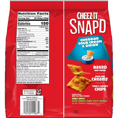 Cheez-It Snap'd Cheddar Sour Cream and Onion Cheesy Baked Chips, Lunch Snacks, 7.5 oz