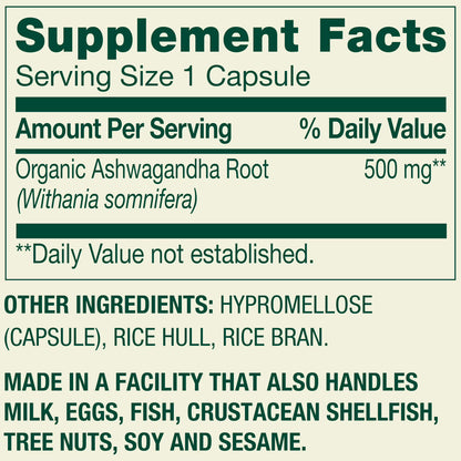 Spring Valley Ashwagandha Root Powder General Wellness Dietary Supplement Vegetarian Capsules, 500 mg, 60 Count