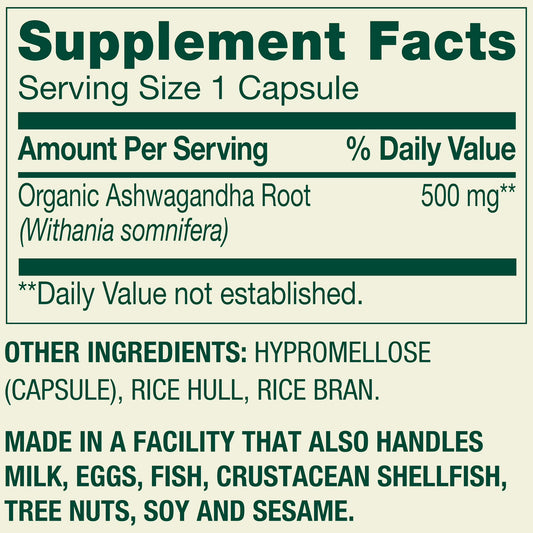 Spring Valley Ashwagandha Root Powder General Wellness Dietary Supplement Vegetarian Capsules, 500 mg, 60 Count