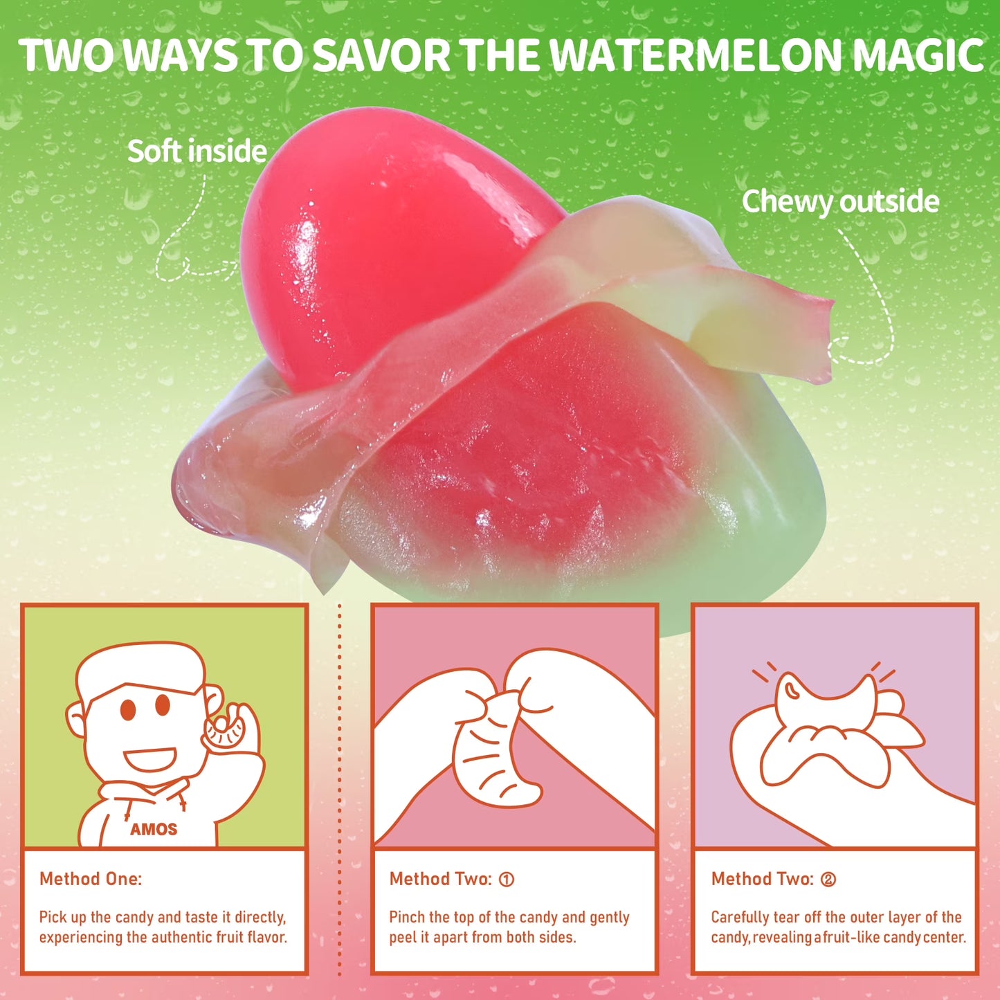 Amos Peelerz, Gummy Candy, Watermelon Flavor, Peelable Gummy, 3 oz Bag
