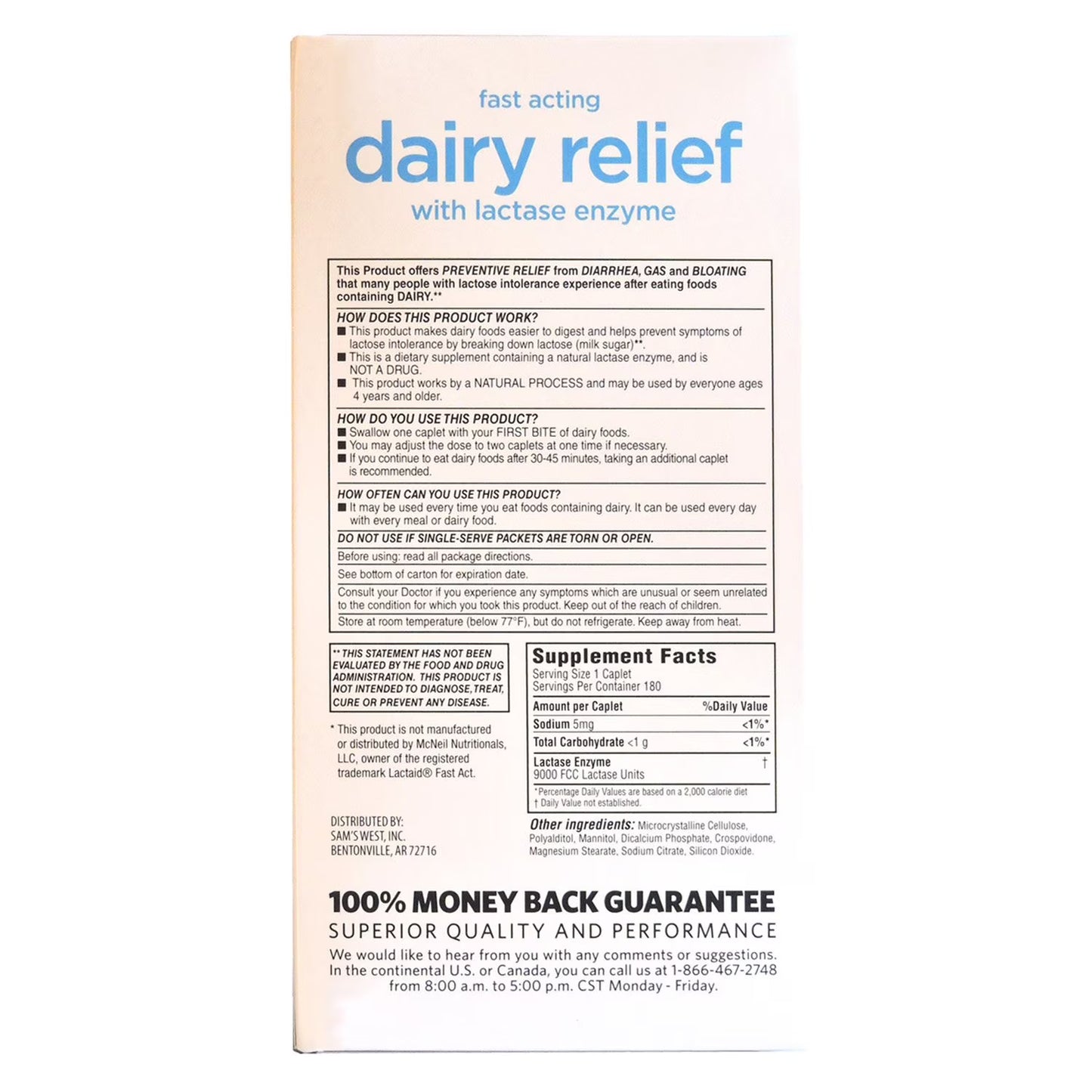 Member's Mark Fast-Acting Dairy Relief Caplets, 180 ct.