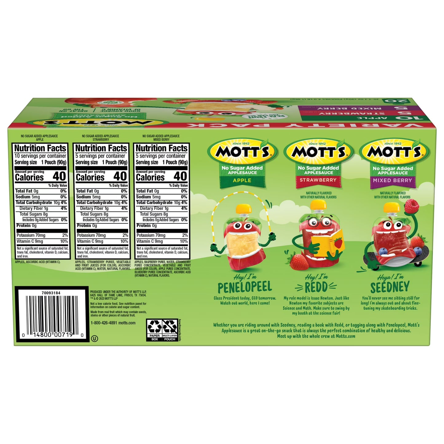 Mott's No Sugar Added Applesauce Variety Pack, 3.2 oz, 20 Count Clear Pouches