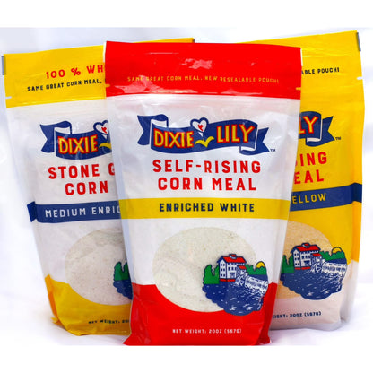 Dixie Lily Whole Grain Stone Ground Corn Meal, Medium Enriched White, 20 oz Resealable Pouch