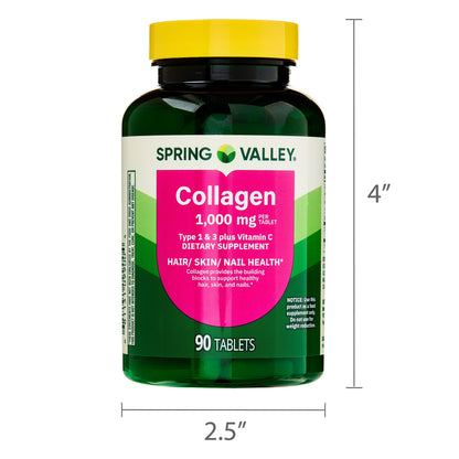 (3 pack) Spring Valley Collagen Type 1 & 3 Plus Vitamin C Hair/Skin/Nails Supplement Tablets, 1,000 mg, 90 Count