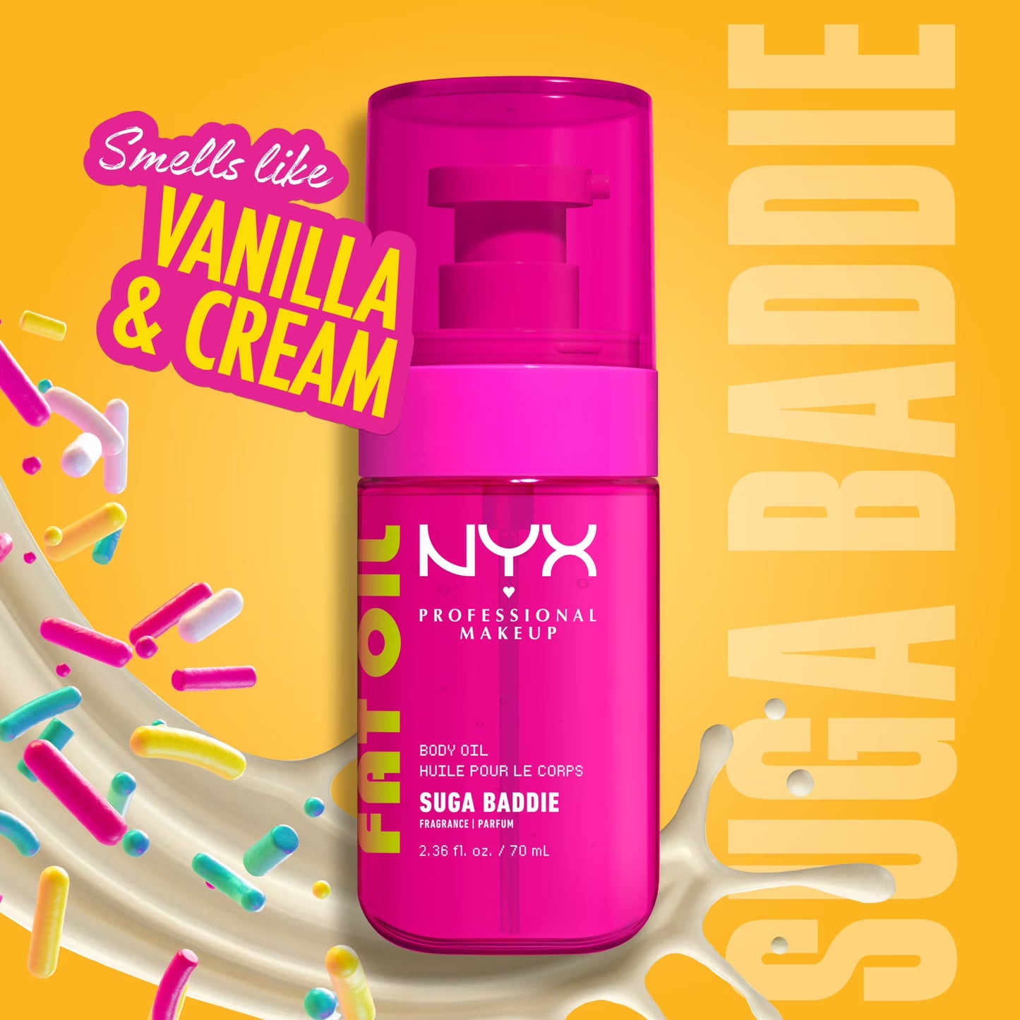 NYX Professional Makeup Fat Oil Hydrating Body Oil for Body Glow with Avocado Oil & Vitamin C, Suga Baddie, 2.36 fl oz