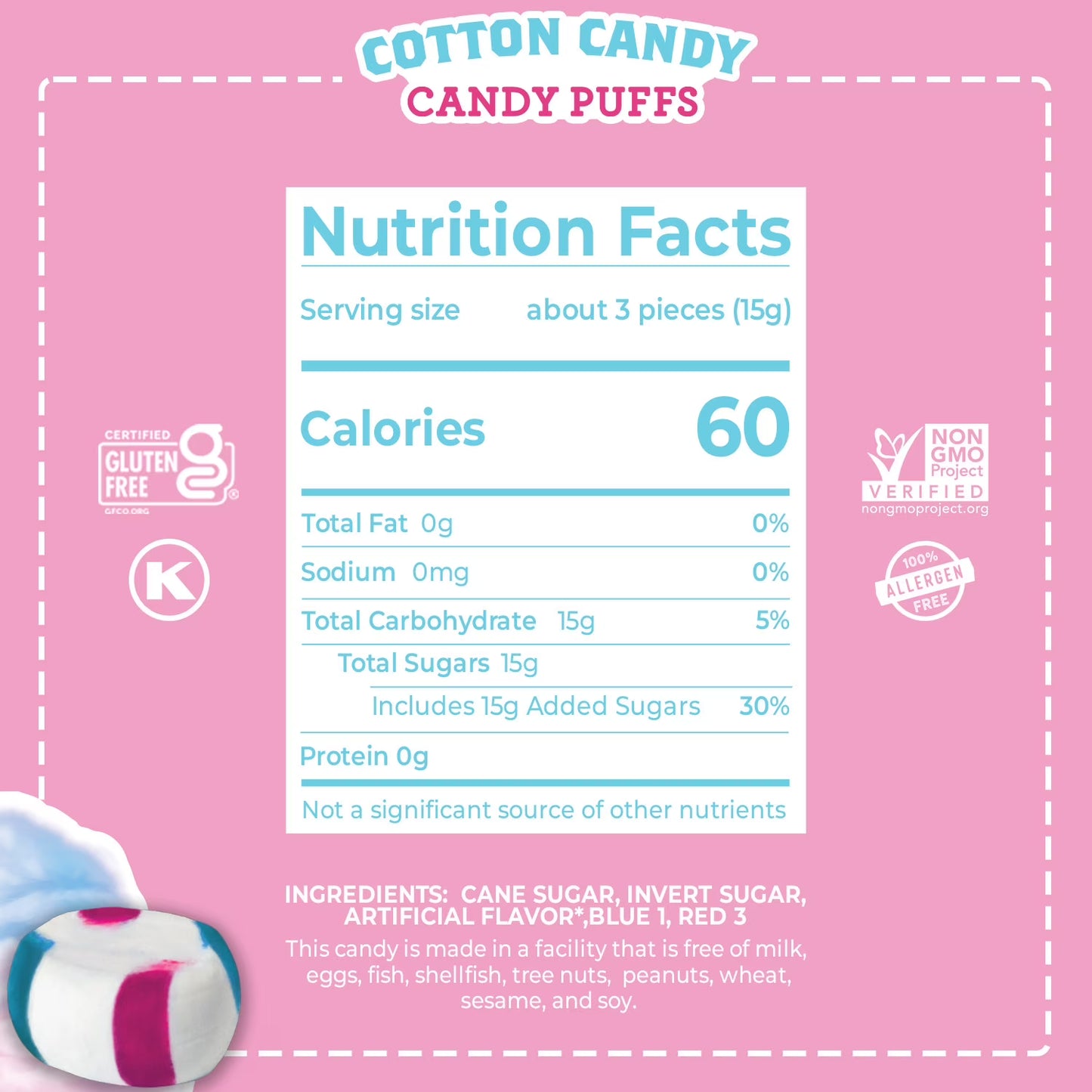 Red Bird Individually Wrapped Cotton Candy Puffs, Gluten Free, Kosher, Non-GMO, 52 oz Tub