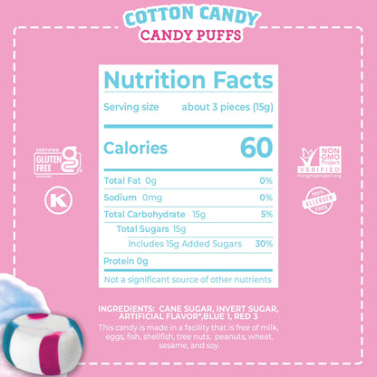 Red Bird Individually Wrapped Cotton Candy Puffs, Gluten Free, Kosher, Non-GMO, 52 oz Tub