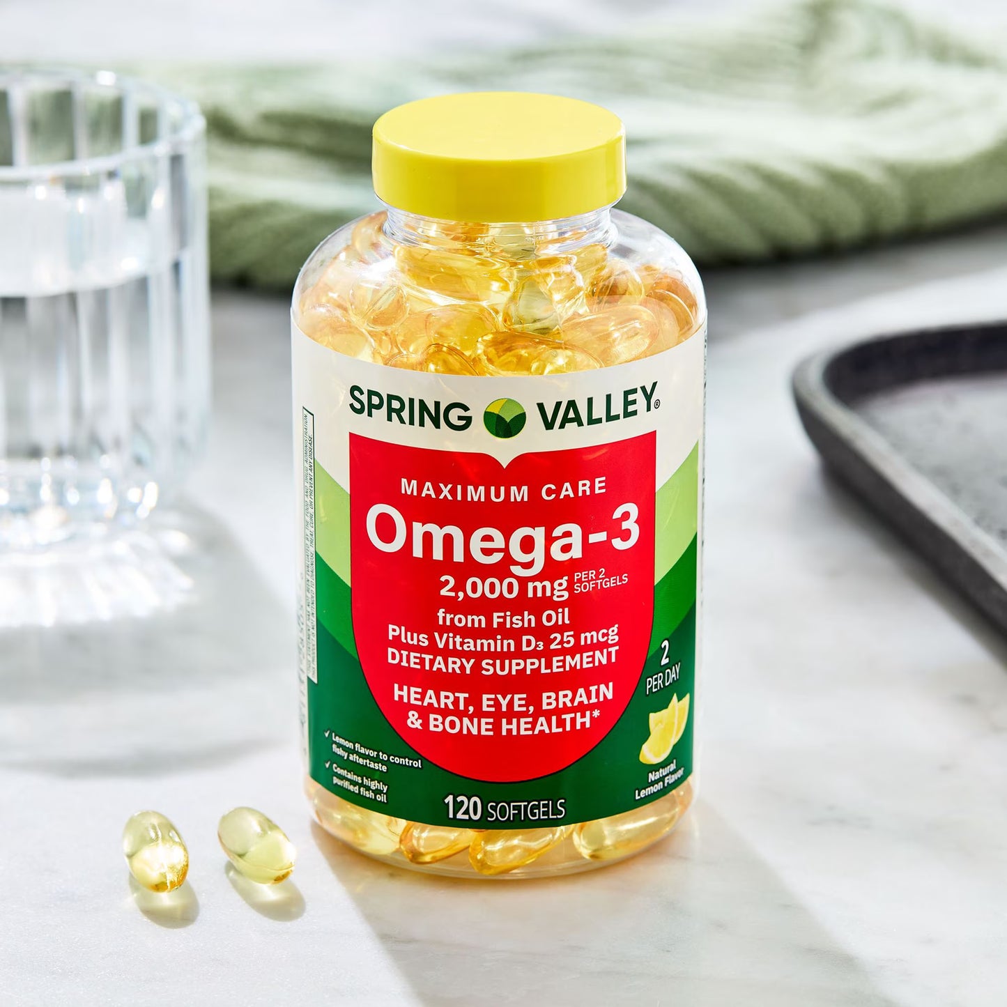 Spring Valley Maximum Care Omega-3 from Fish Oil Dietary Supplement Softgels for Eye Brain Bone & Heart Health, 2000 mg, 120 Count