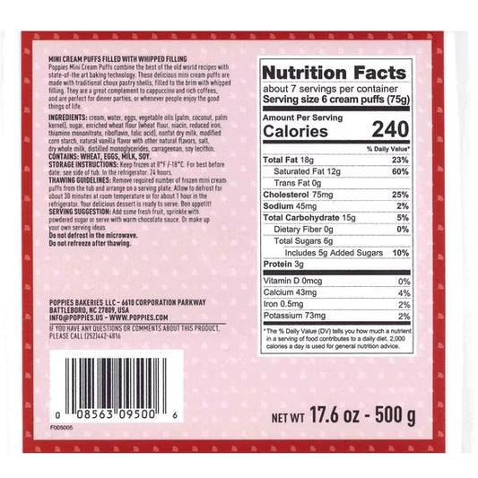 Poppies Mini Cream Puffs, Ready-to-Eat Pastry Filled with Rich Vanilla Dairy Cream, 17.6 oz (Frozen)