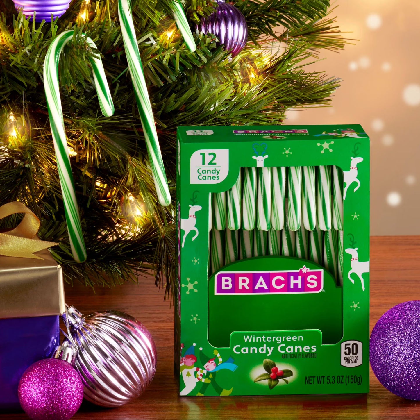 Brach's Wintergreen Christmas Candy Canes, Stocking Stuffers for Kids, Minty Twist on a Holiday Classic, Holiday Christmas Candy, 5.3 oz, 12ct Box