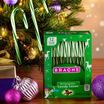 Brach's Wintergreen Christmas Candy Canes, Stocking Stuffers for Kids, Minty Twist on a Holiday Classic, Holiday Christmas Candy, 5.3 oz, 12ct Box