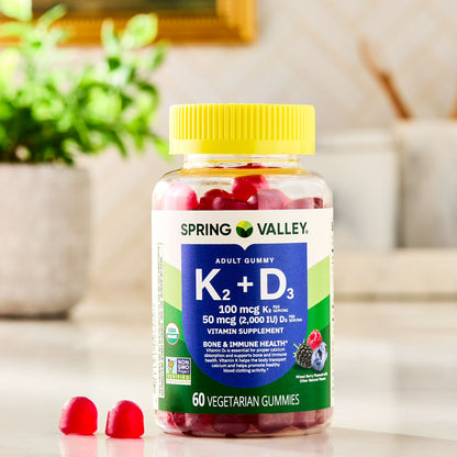 Spring Valley Vitamin K2 + Vitamin D3 Gummies, Mixed Berry, 60 Count, Supplement for Bone and Immune Health