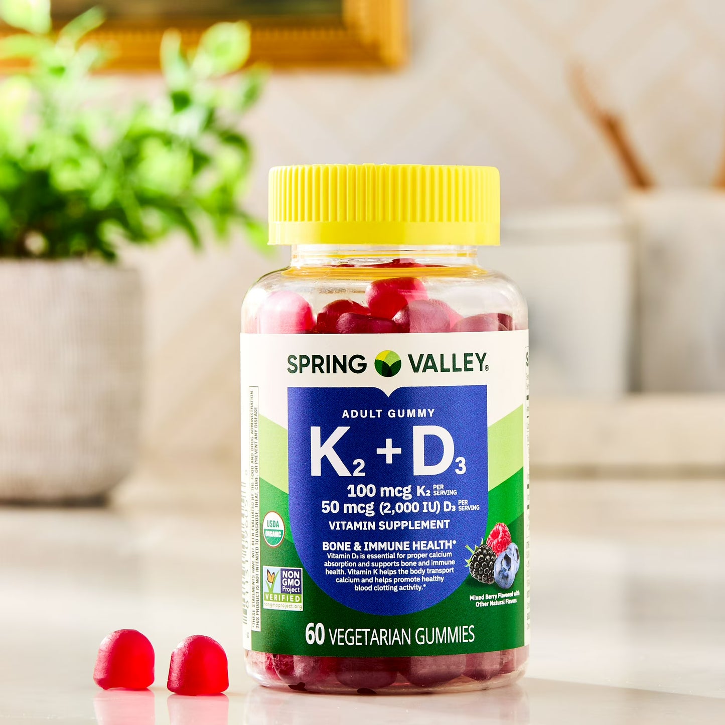 (3 pack) Spring Valley Vitamin K2 + Vitamin D3 Gummies, Mixed Berry, 60 Count, Supplement for Bone and Immune Health