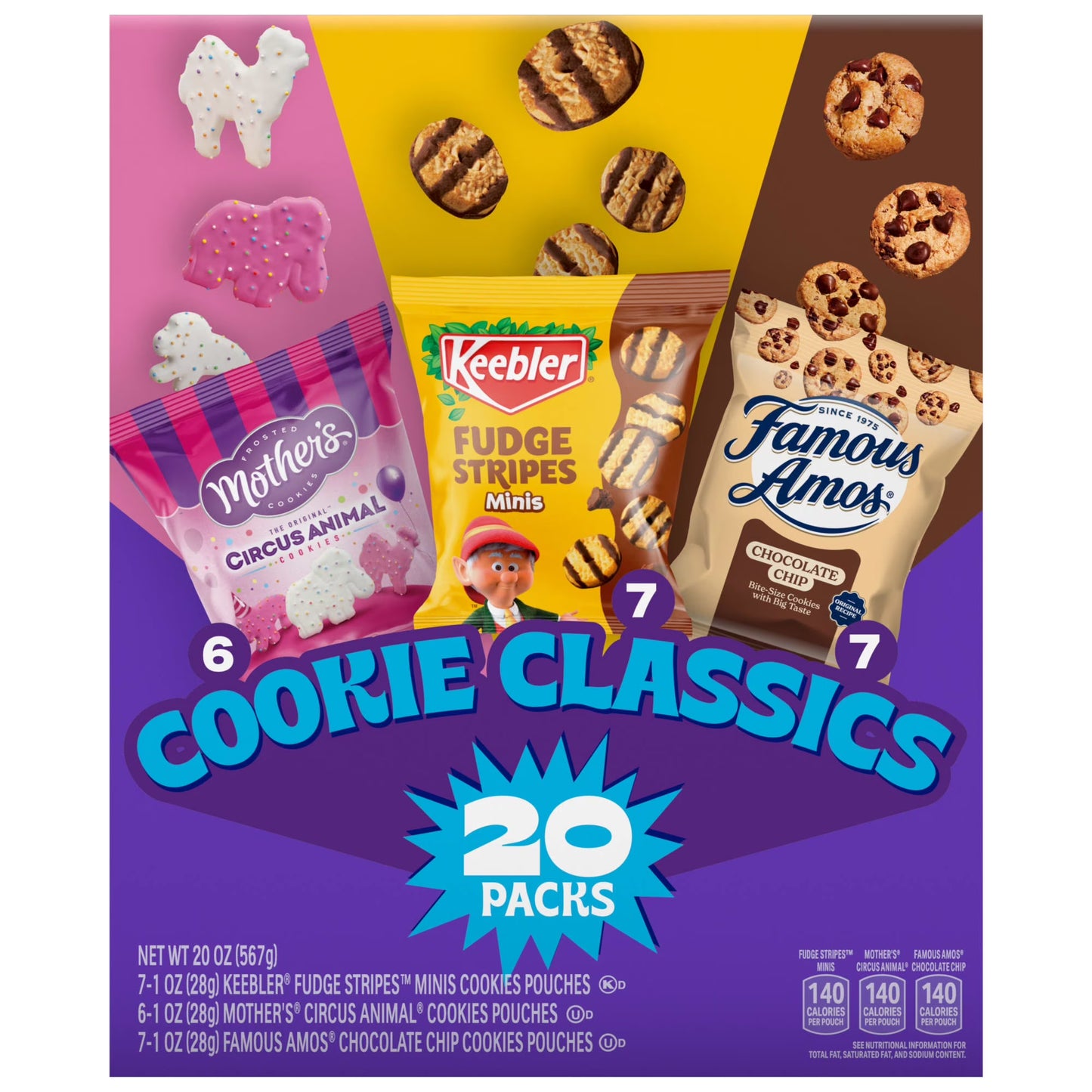 Assorted Cookie Classics Variety Pack - Mother’s Circus, Keebler Fudge Stripes & Famous Amos, 20 Pouch Box, 20 oz