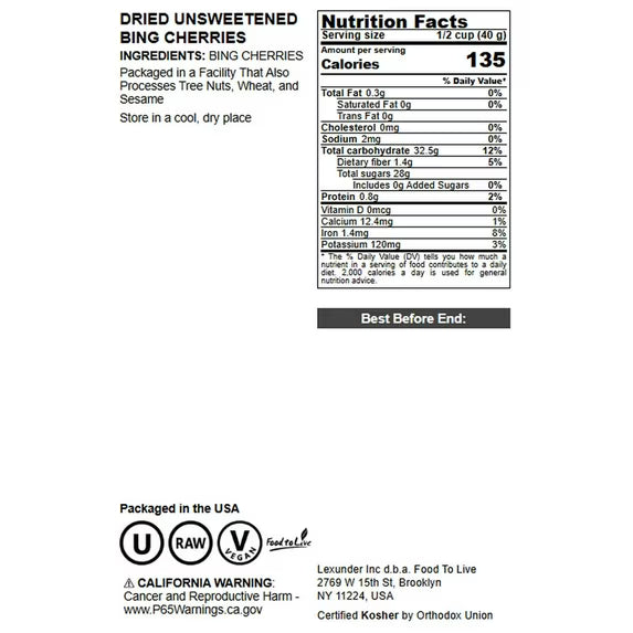 Bing Cherries, 8 Ounces – Non-Oil Added, Raw, Kosher, Vegan, Bulk – Food to Live