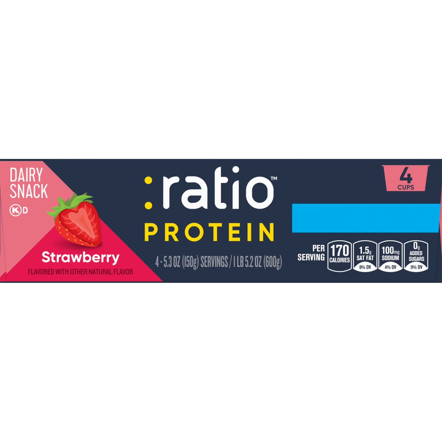 Ratio Yogurt Protein Cultured Dairy Snack, Strawberry, 25g Protein, 1 lb. 5.2 oz (4 Cups)