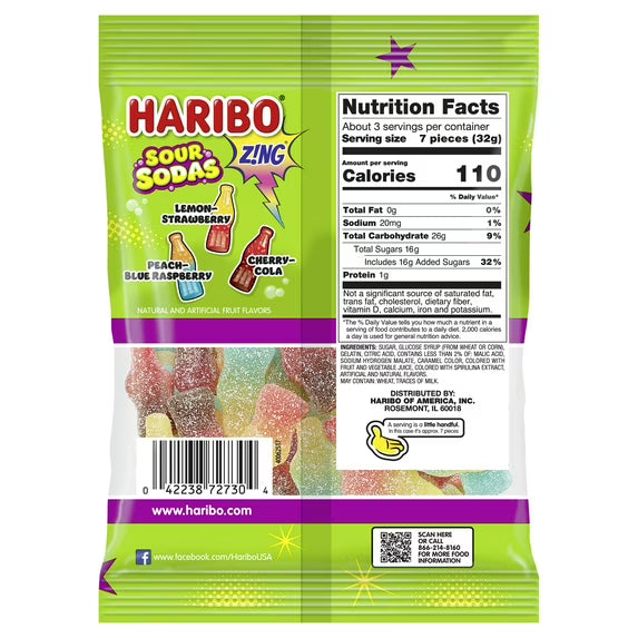 Haribo Sour Soda Gummies Original Assorted Sour Gummy Candy, 3.6 oz Bag