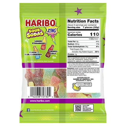 Haribo Sour Soda Gummies Original Assorted Sour Gummy Candy, 3.6 oz Bag