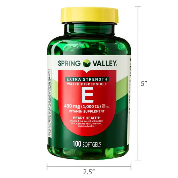 Spring Valley Extra Strength Water Dispersible Vitamin E Supplement Softgels for Heart Health, 450 mg (1,000 IU), 100 Count