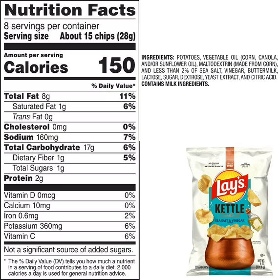 Lay’s Sea Salt & Vinegar Kettle Cooked Potato Chips Bag, 8 oz