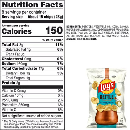 Lay’s Sea Salt & Vinegar Kettle Cooked Potato Chips Bag, 8 oz