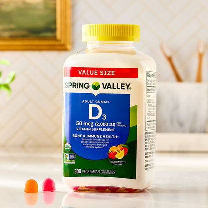 Spring Valley Vitamin D3 Gummies, 50 mcg, 300 Count, Assorted Fruits, Supplement Vegetarian Gummies for Bone and Immune Health
