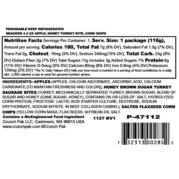 Crunch Pak Snack Pak Fresh Apple Slices, Salted Flaxseed Corn Chips & Honey Brown Turkey Sausage, 4.2oz Tray