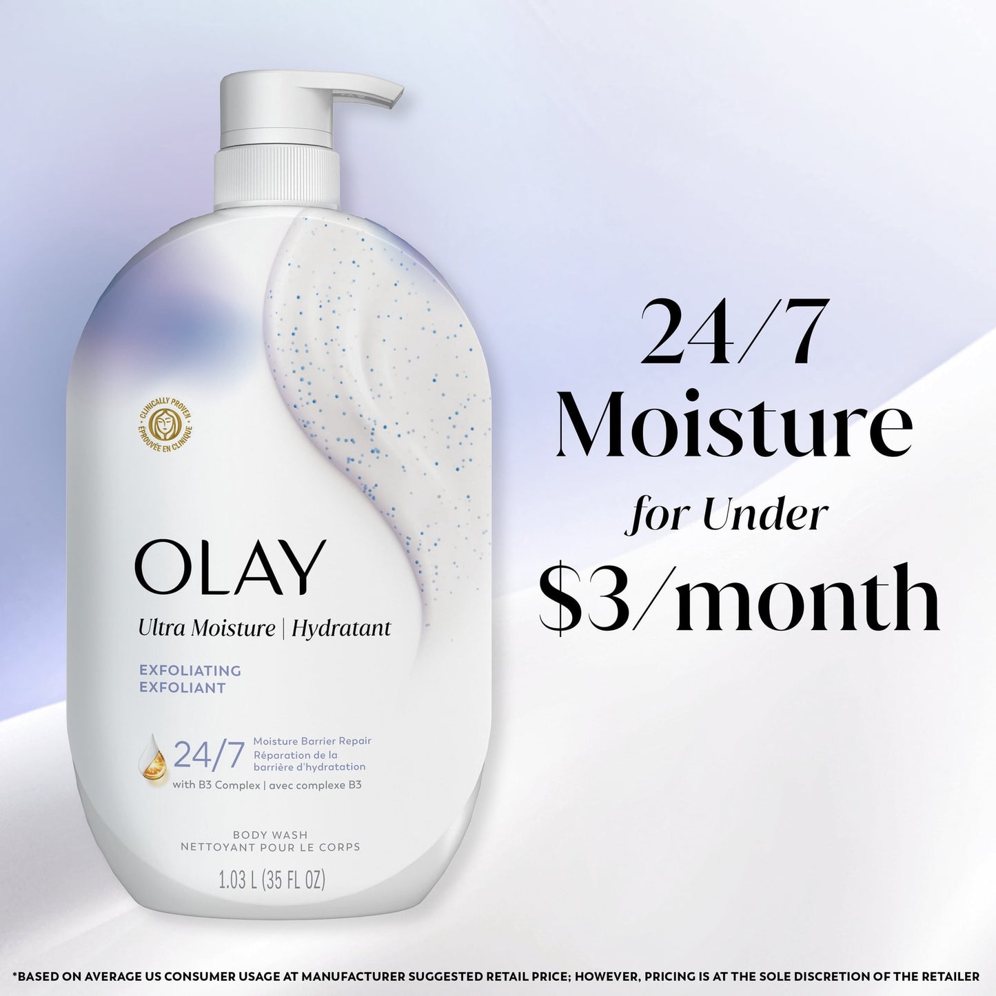 Olay Ultra Moisture Exfoliating Body Wash, Vitamin B3 and Hyaluronic Blend, 35 fl oz