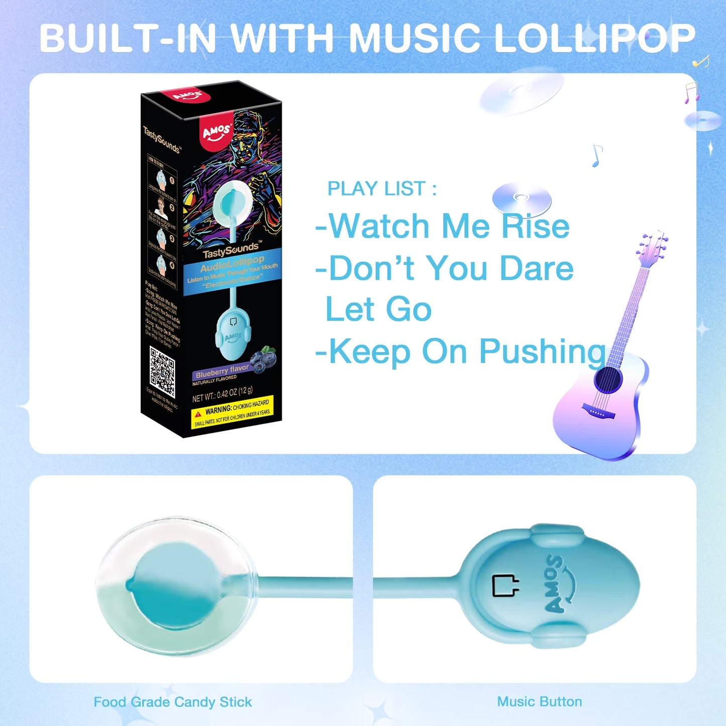 AMOS Music Lollipop Suckers Tastysounds Lollipop Fat Free Blueberry, Creative Gift Party