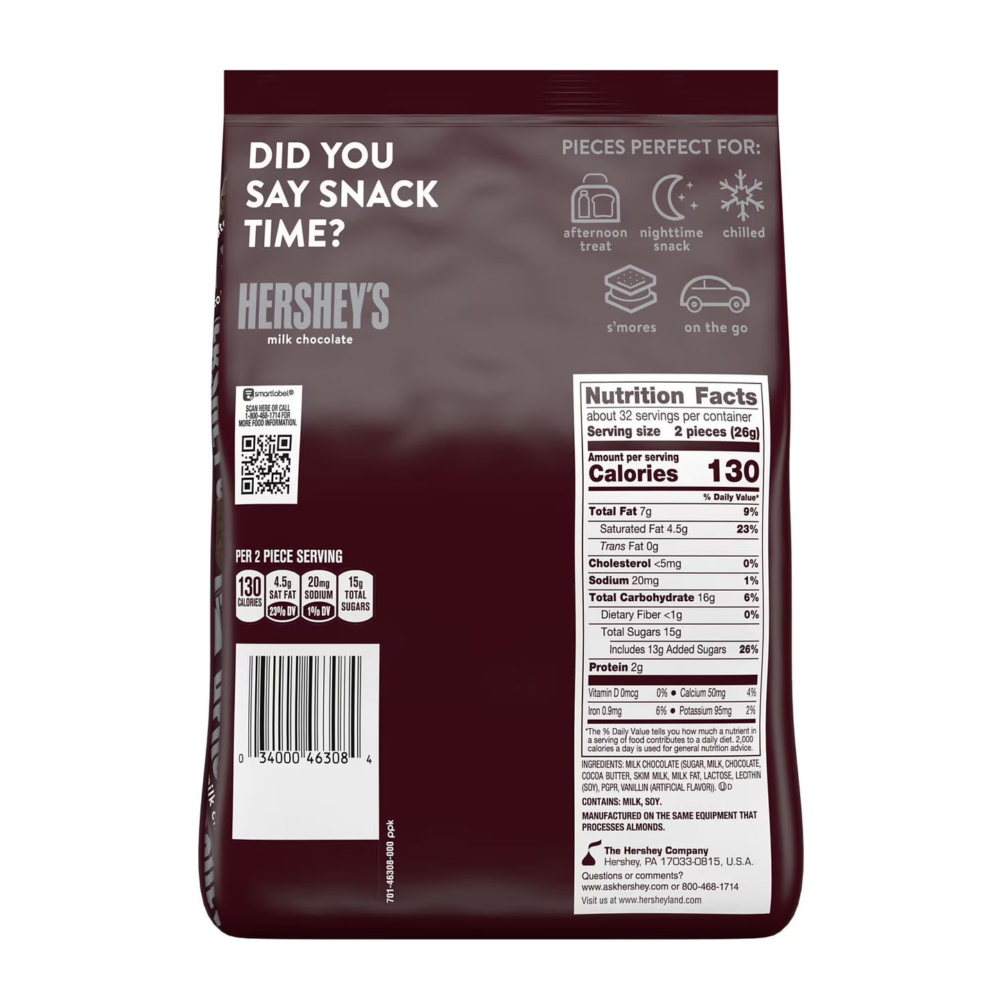 Hershey's Milk Chocolate Snack Size Candy Party Pack, 29.7 oz