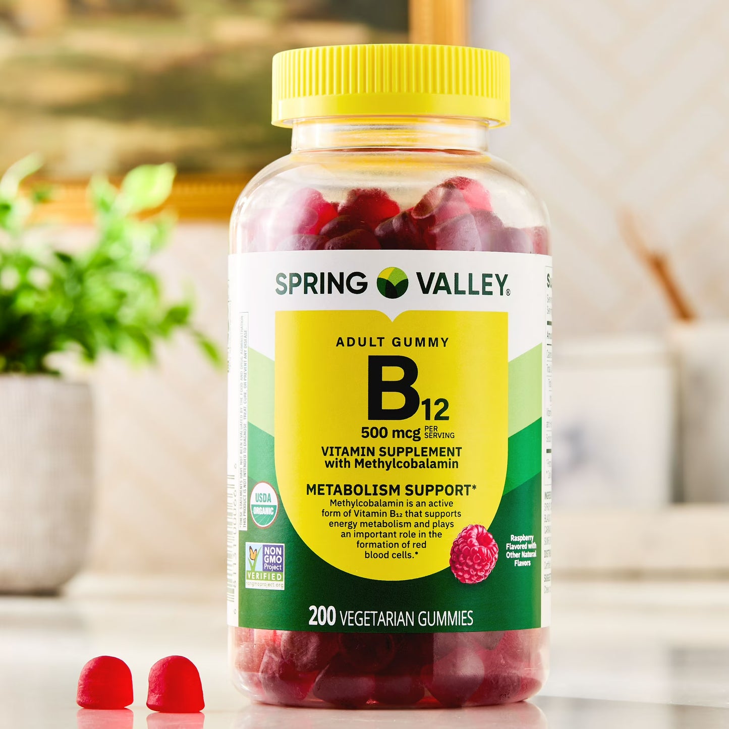 Spring Valley Vitamin B12 Supplement Vegetarian Gummies for Metabolism Support, Raspberry Flavor, 500 mcg, 200 Count