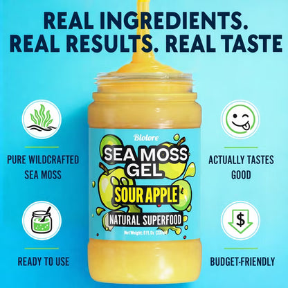 Biolore Sour Apple Sea Moss Gel, 8 oz – No Added Sugar, Vegan, Ready-to-Use Wildcrafted Sea Moss Gel with Monk Fruit, Smoothie & Food Add-In