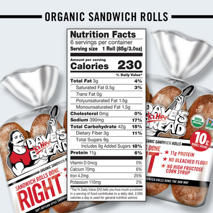 Dave's Killer, Bread Sandwich Rolls Done Right, Organic White Bread Sandwich Rolls, 6 Count