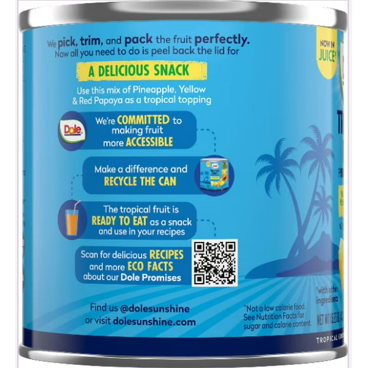(12 pack) Dole Tropical Fruit, Pineapple and Papaya, No Sugar Added, 15.25 oz Can