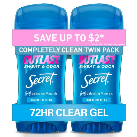 Secret Outlast Antiperspirant Deodorant for Women, Clear Gel, Completely Clean, 2.6 oz Each, Twin Pack