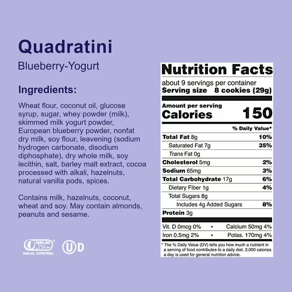 Loacker Quadratini Blueberry-Yogurt, Cream-Filled Bite-Size Wafer Cookies, 7.76 oz, Pack of 6