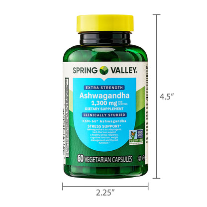 Spring Valley Extra Strength Ashwagandha Dietary Supplement, 1300 mg, 60 Vegetarian Capsules